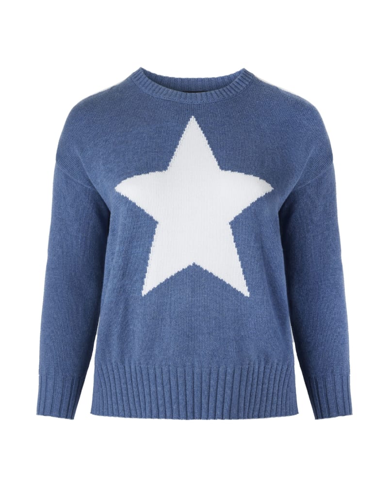 Front of a size 1X Cotton and Cashmere Star Crewneck in Blue/White by Minnie Rose. | dia_product_style_image_id:248535